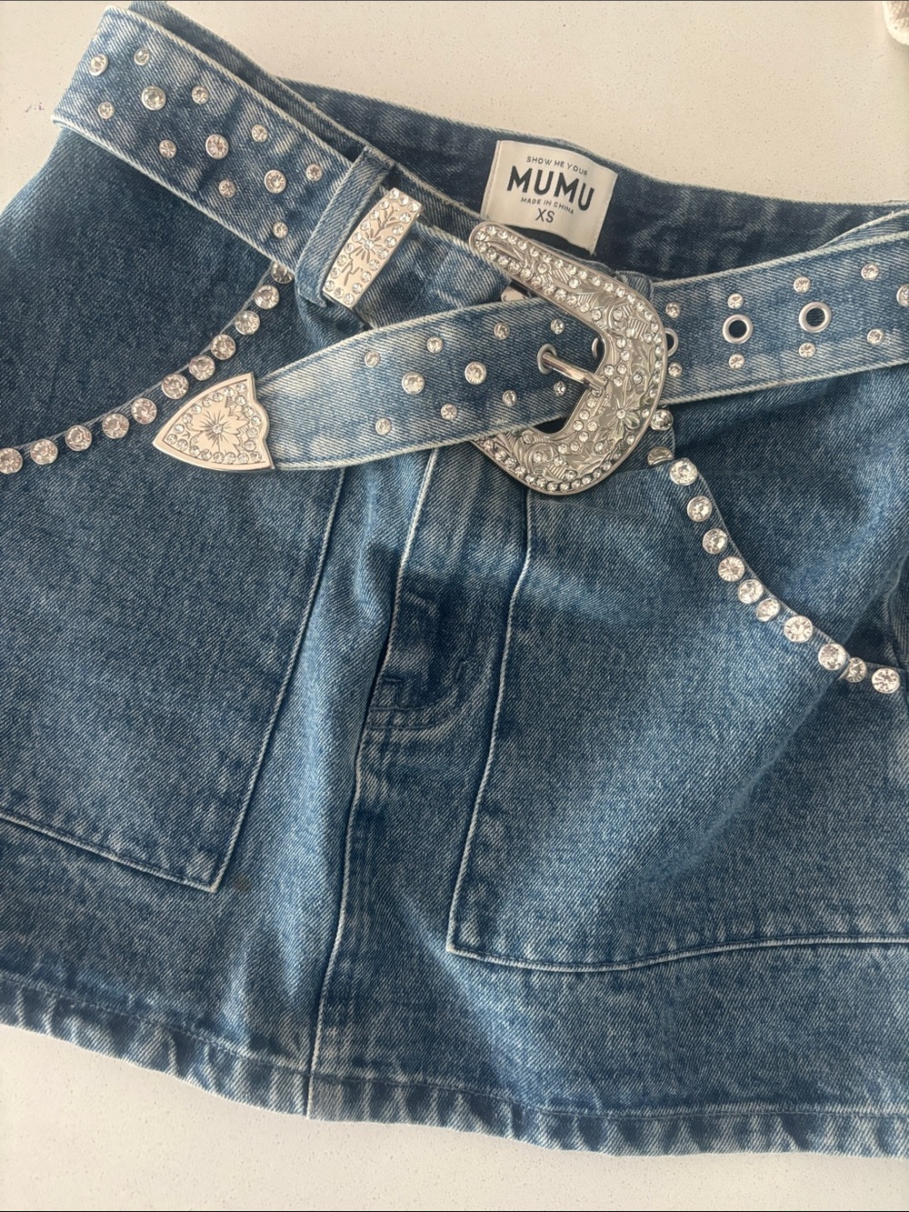 Show Me Your MuMu Blue Denim Jeans Overalls with Rhinestone Buckle & Studs